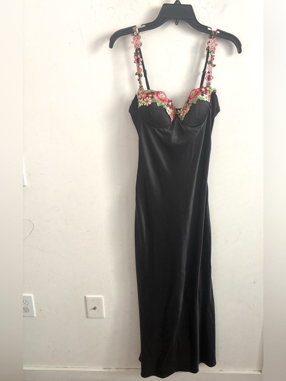 Y2K Black Evening Maxi Dress Satin Slip Bias Sz M whimsigoth Floral Embroidered